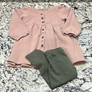 “Colored Organics” Mauve Pink Button-Up Dress with Green Leggings, 2T, GUC